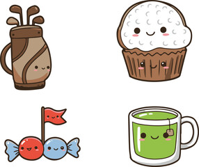 Cartoon golf-themed desserts and drinks with smiling faces. Cupcake, cookie, candy, and tea inspired by golf sport illustration. National Golf Day