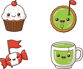 Cartoon golf-themed desserts and drinks with smiling faces. Cupcake, cookie, candy, and tea inspired by golf sport illustration. National Golf Day
