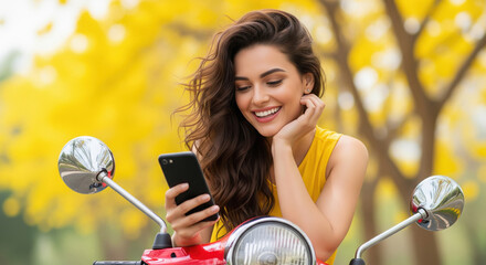 young indian woman sitting on scooter and using smartphone