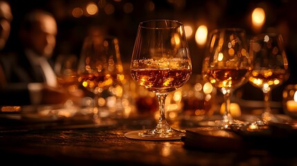 Elegant glasses of amber spirits in a dimly lit upscale venue suggesting an elite business gathering