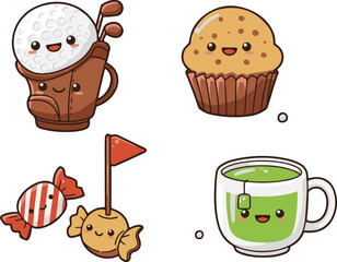 Cartoon golf-themed desserts and drinks with smiling faces. Cupcake, cookie, candy, and tea inspired by golf sport illustration. National Golf Day