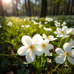 Fototapeta premium Beautiful white flowers of anemones in spring in a forest close-up in sunlight in nature. Spring forest landscape with flowering primroses.