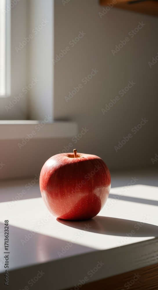 Poster a single, vibrant red sits on a white surface, illuminated by natural light streaming in from a wind