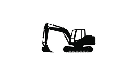 Black silhouette of a heavy duty excavator on a white background