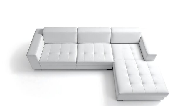 A modern, minimalist, white sectional sofa, featuring clean lines and padded, tufted upholstery, is presented in a  shot against a white background.
