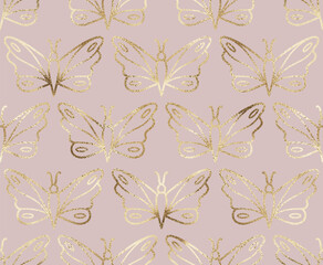 Geometric seamless pattern with gold decorative butterfly ornament.