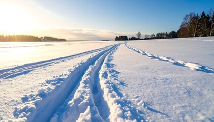 Obraz premium Snowy tracks across a frozen landscape