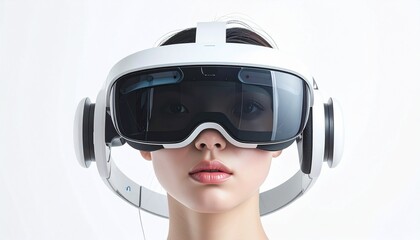 Futuristic portrait of a person in a white virtual reality headset on a white background.