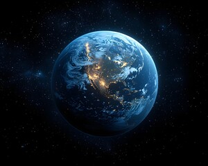Fototapeta premium A stunning view of Planet Earth from space at night showcasing illuminated cities against a backdrop of stars
