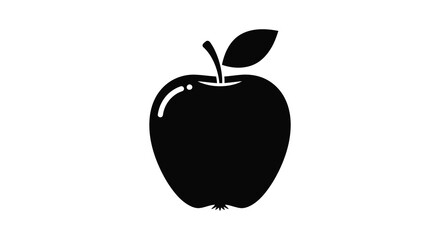 Simple black and white illustration of a single rounded apple with a leaf