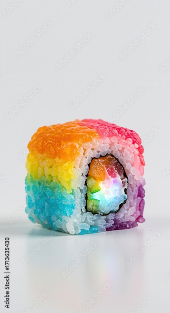 Poster vibrant rainbow sushi roll displays a colorful design with illuminating inner components.