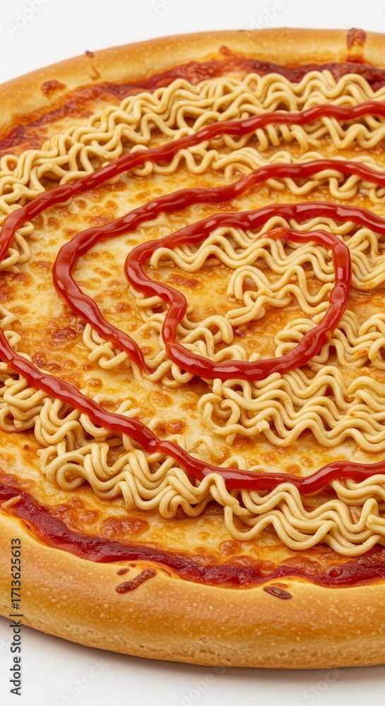 Poster close-up view of a pizza topped with instant noodles and ketchup, showcasing a unique and appetizing