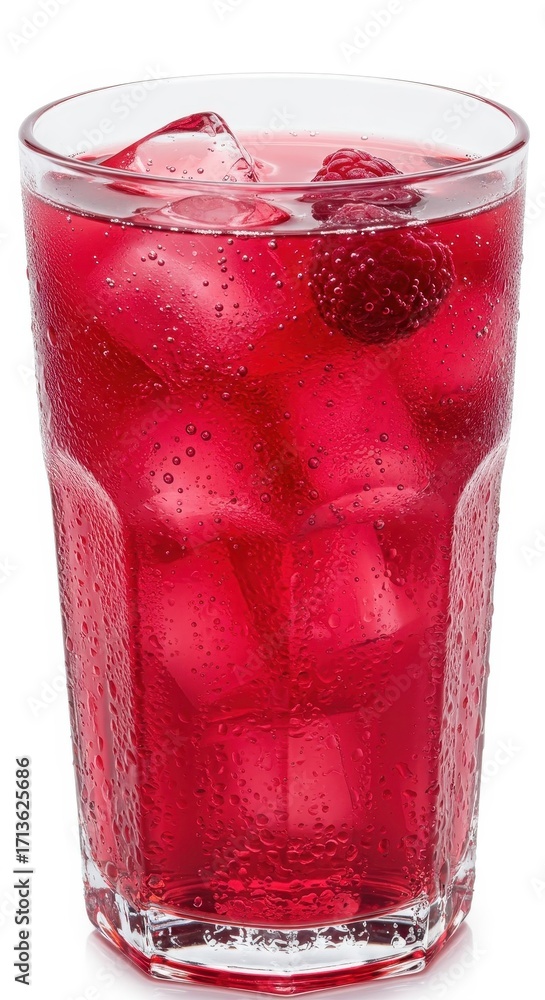 Poster refreshing raspberry drink in a glass with ice cubes, showcasing a vibrant red color.