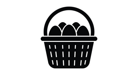 Simple black and white illustration of a woven basket filled with eggs