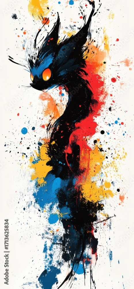 Poster abstract creature with vibrant color splashes on textured background