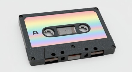 Fototapeta premium A black audio cassette tape with a rainbow-colored iridescent label sits on a white surface.