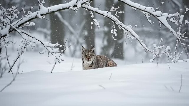 Lynx resting amid snowladen branches