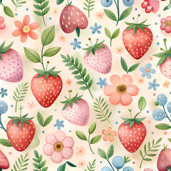 Sweet Strawberry and Floral Seamless Pattern. A Delightful Summer Design