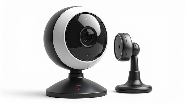 Small spherical black and silver webcam with stand isolated on a white background.