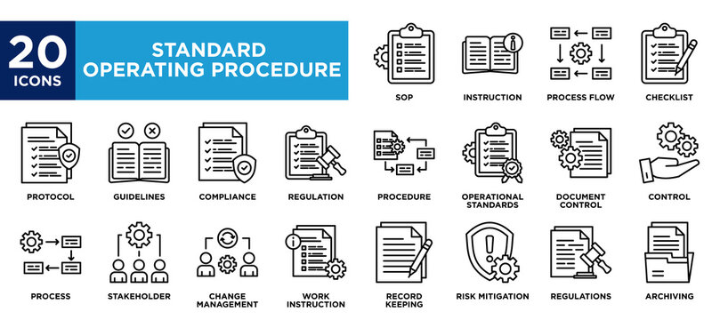 standard operating procedure icon collection set. containing design Instruction,Guidelines,Procedure,Control,risk mitigation 
