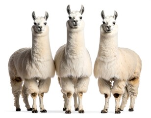 Fototapeta premium Three llamas in profile view, facing forward