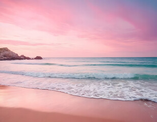 Obraz premium Realistic Sea beach background in watercolor style, pink pastel color tone. sunset over the sea.