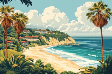 Scenic beachside view with cliffs and palm trees at sunset