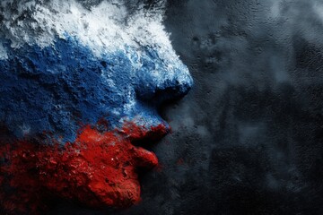 profile face silhouette painted with russian flag colors on dark grunge background