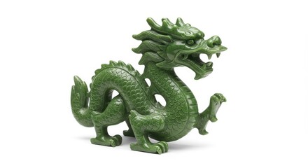 Fototapeta premium A vibrant emerald green jade dragon figurine, intricately carved, stands proudly against a plain white backdrop.