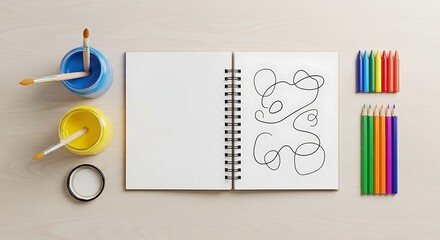 Artistic Workspace Sketchbook Paints and Colorful Pencils on a Light Wooden Surface