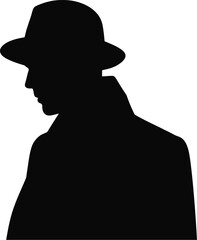 Black silhouette man wearing hat and coat person fedora