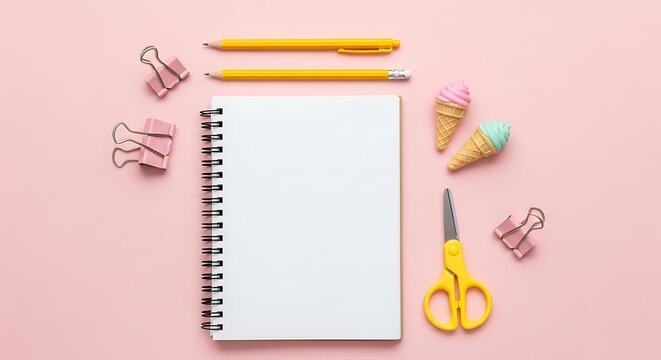 Flat Lay of Office Supplies and Ice Cream Cones on Pink Background