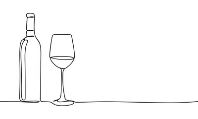 Wine bottle and glass linear drawing