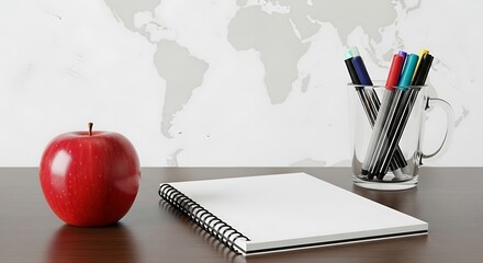 School Supplies on a Desk with World Map Background Education Concept