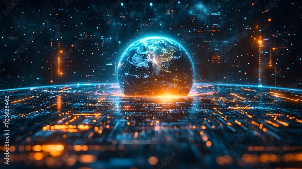 Poster digital holographic projection of earth with glowing circuits representing global technology and dat