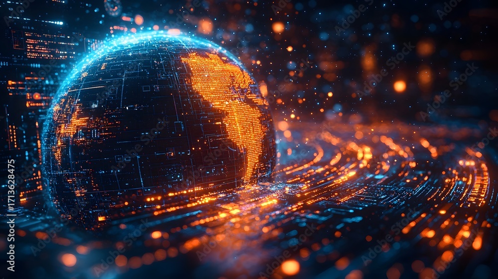 Poster a futuristic digital representation of planet earth as a glowing globe surrounded by abstract data s