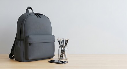 Modern Gray Backpack with Accessories on Wooden Table