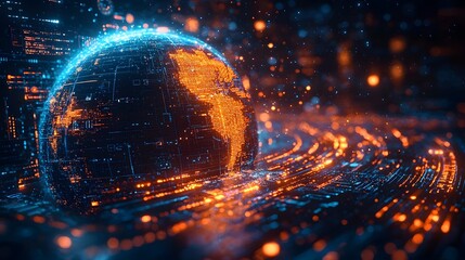 A futuristic digital representation of planet Earth as a glowing globe surrounded by abstract data streams and vibrant orange and blue lights