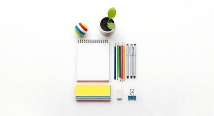 Minimalist Workspace with Plant Notebook and Office Supplies on White Background