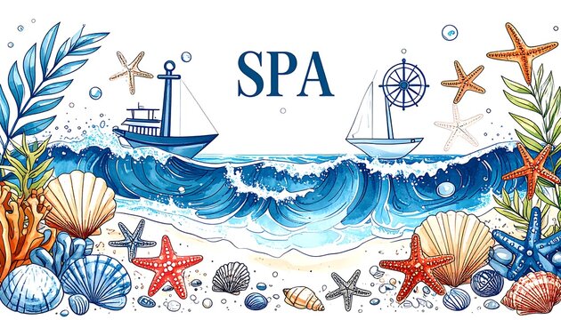 Ocean-themed spa banner with seashells, starfish, and boats