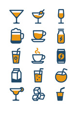 Flat drinks and beverages icon set collection including coffee, juice, beer, cocktail, soda, energy drink, and milk, ideal for bar, café, restaurant, and menu graphic design.  
