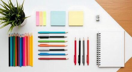 Colorful Office Supplies Arranged on White and Wood Surface