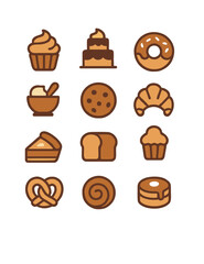 Flat bakery and pastry icon set collection including cake, muffin, croissant, cookie, bread, waffle, and pie, designed for café menu, bakery branding, and dessert illustration projects.  
