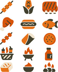 Flat vector BBQ food icon set collection with skewers, corn, ribs, chicken, fish, sausage, grill, fire, and sauce, designed for summer party, restaurant menu, and culinary graphics.  
