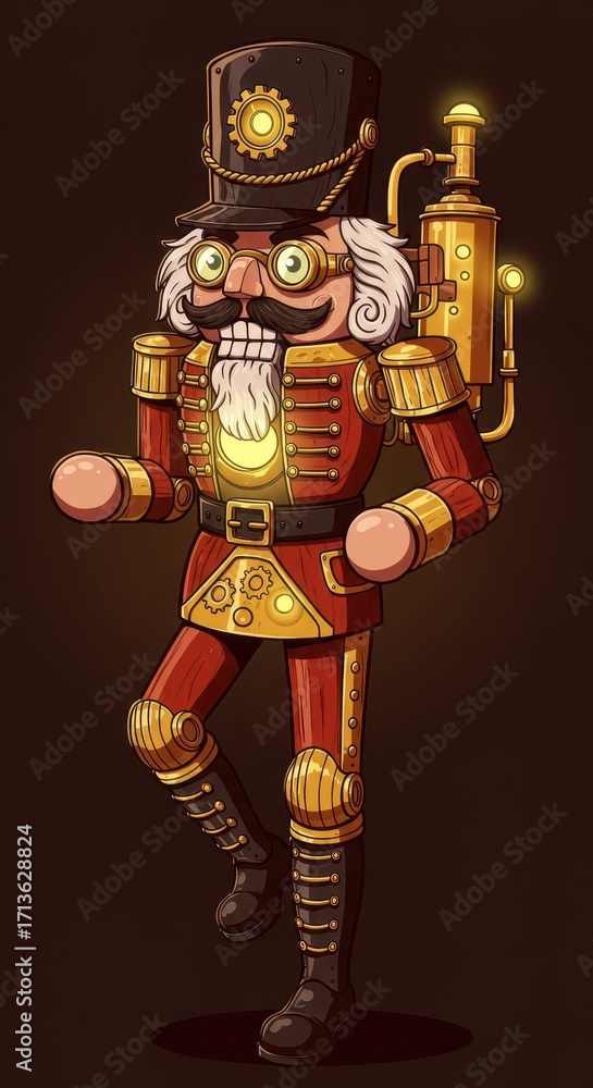 Poster a steampunk nutcracker figurine in a dynamic pose, showcasing intricate details and warm color palet