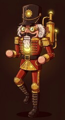 A steampunk nutcracker figurine in a dynamic pose, showcasing intricate details and warm color palette.