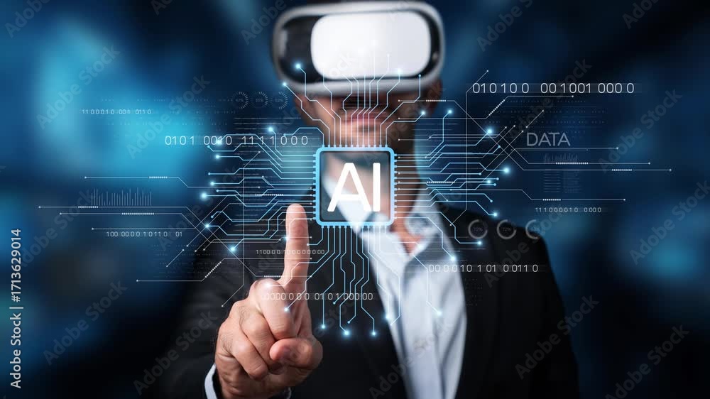 Poster a businessman wearing a virtual reality headset engages with a digital interface that showcases arti