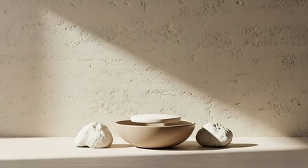 Minimalist Product Display with Beige Podiums and Natural Rocks on a Light Background