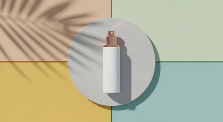 Cosmetic Spray Bottle on Minimalist Background with Palm Shadow