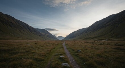 A path runs through a grassy valley between mountains beneath a sky of soft clouds